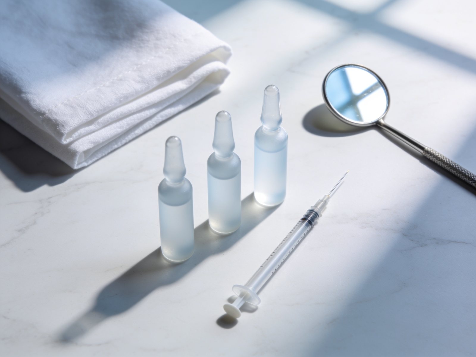 Instrumental y material de medicina estética facial sobre superficie clara